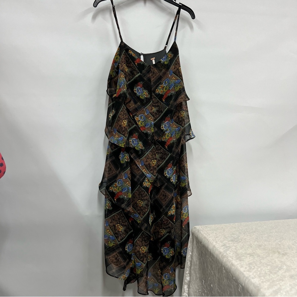 Free People brown & black floral patchwork tiered ruffle multi layer dress 6 nwt